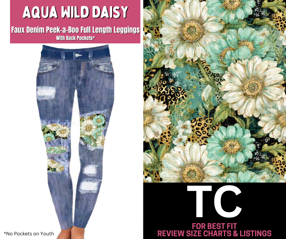 Aqua Wild Daisy Faux Denim Full Length Peekaboo Leggings