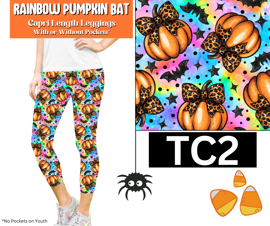 Rainbow Pumpkin Bat Capri Length Leggings w/ Pockets
