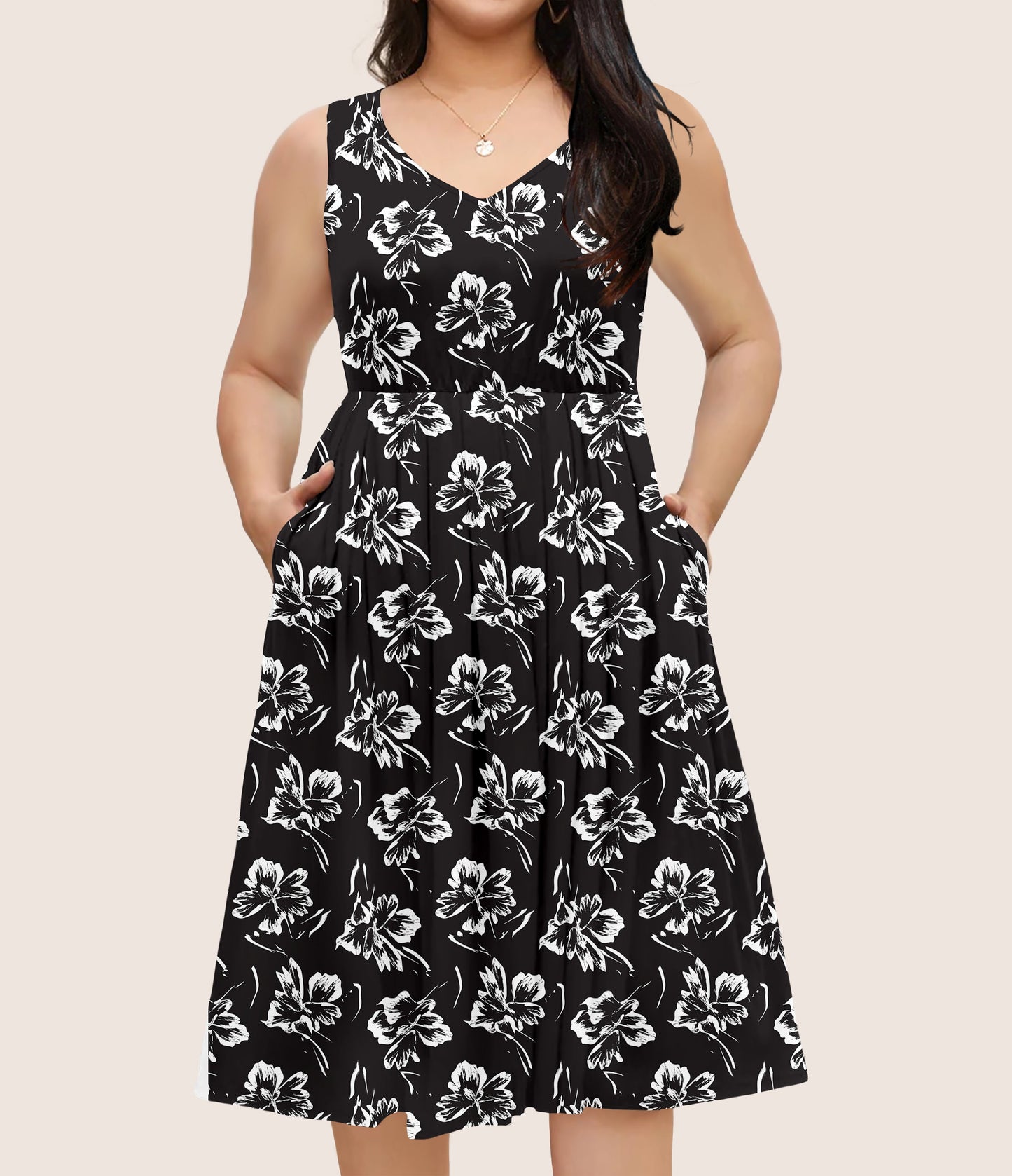 RTS - Black and White Flowers Sleeveless Pocket Dress