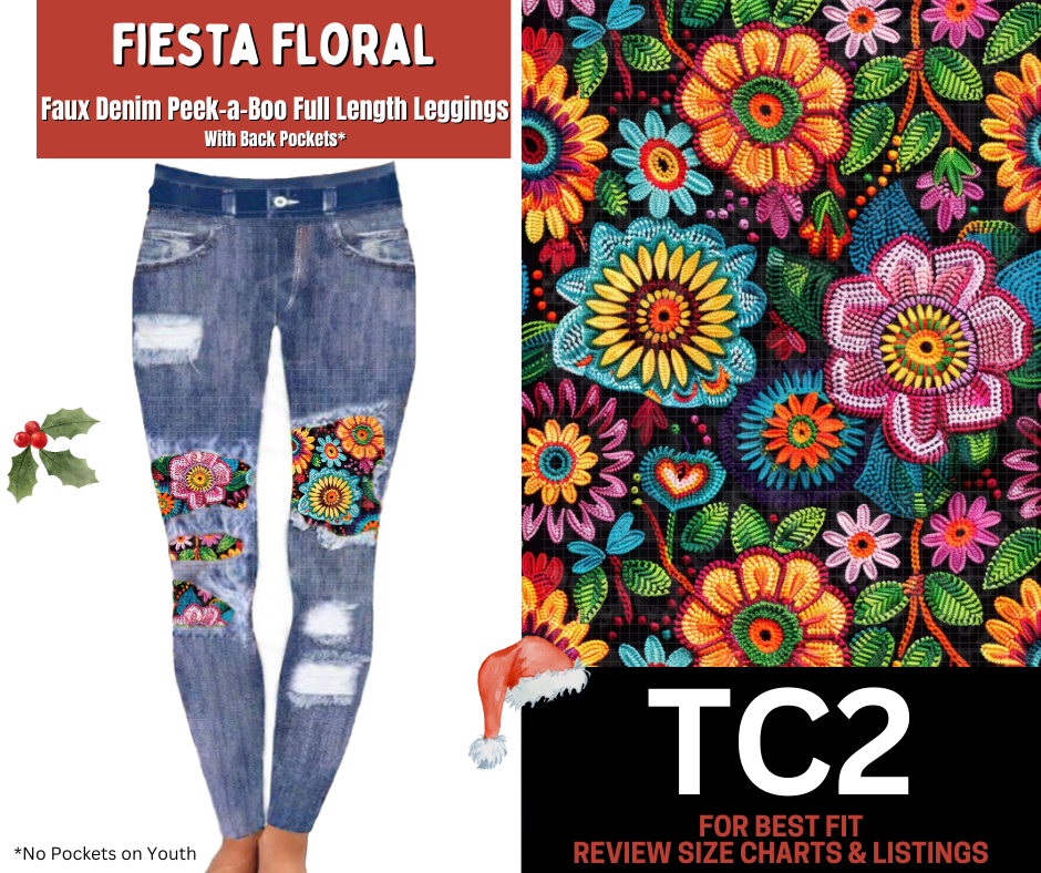 Fiesta Floral Faux Denim Full Length Peekaboo Leggings