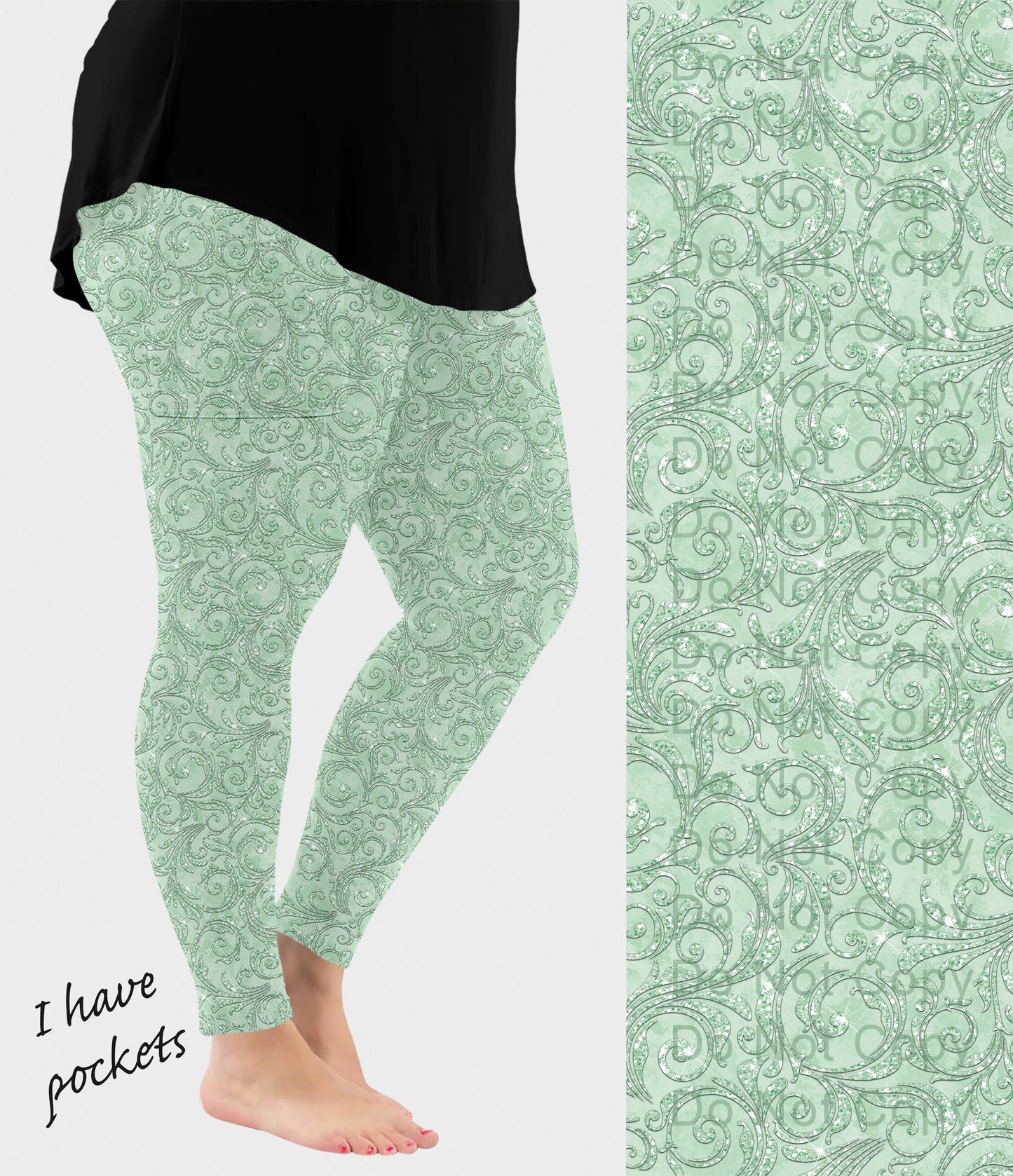 RTS - Green Paisley Sparkle Leggings w/ Pockets
