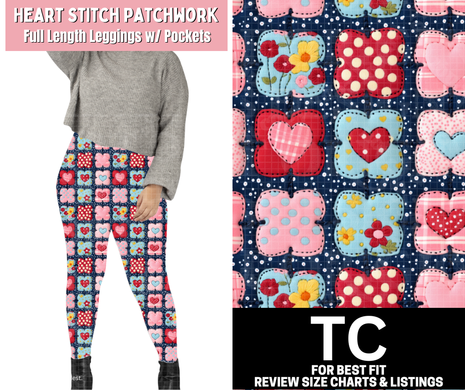 Heart Stitch Patchwork Full Length Leggings w/ Pockets