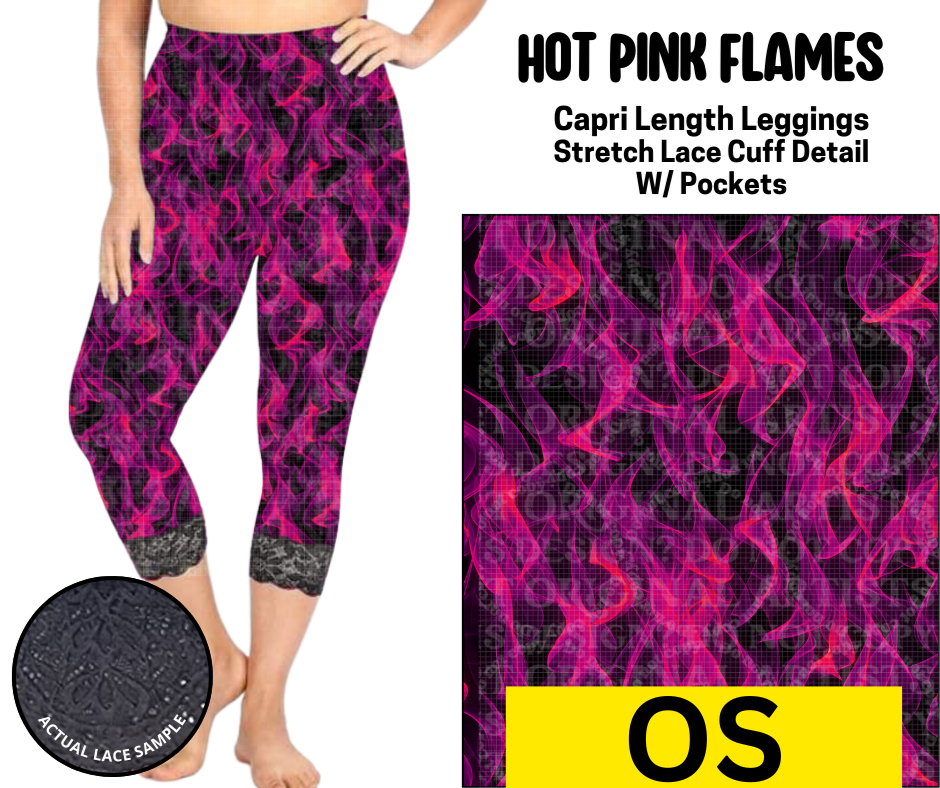 Hot Pink Flames Lace Cuff Capris w/ Pockets