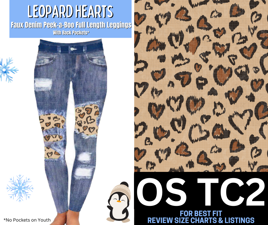 Leopard Hearts Faux Denim Full Length Peekaboo Leggings