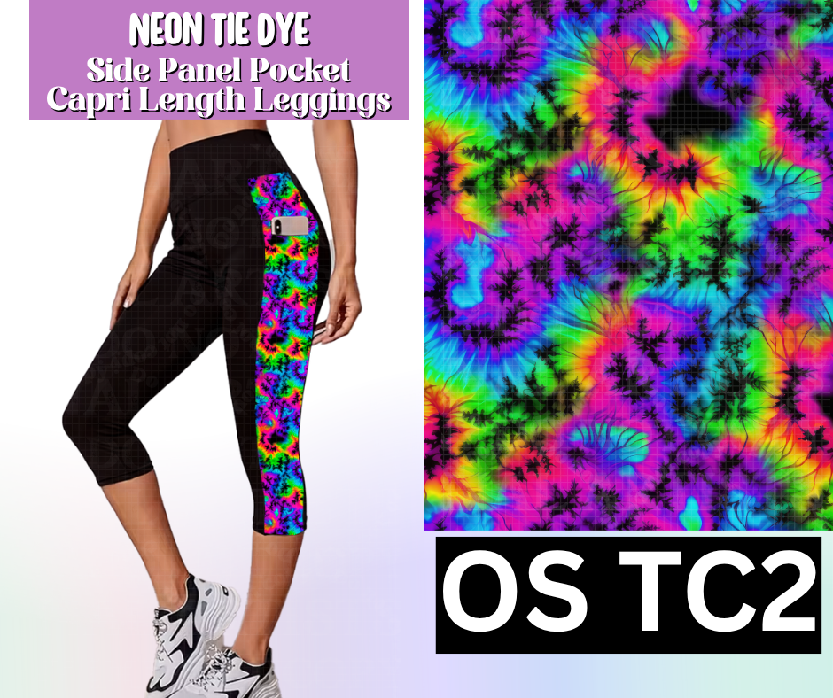 Neon Tie Dye Side Panel Pocket Capri Length Leggings