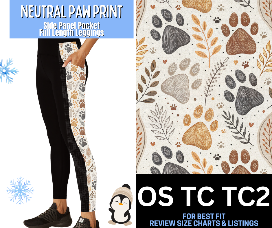 Neutral Paw Print Side Panel Pocket Full Length Leggings