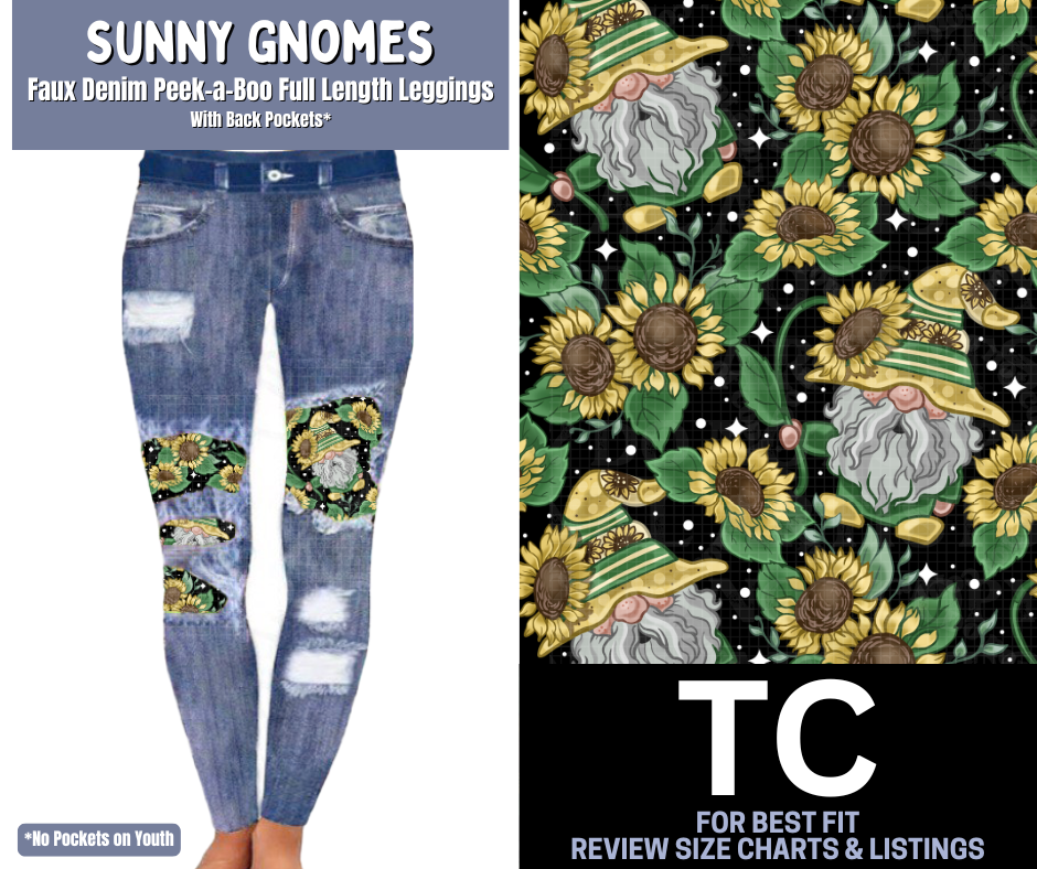 Sunny Gnomes Faux Denim Full Length Peekaboo Leggings