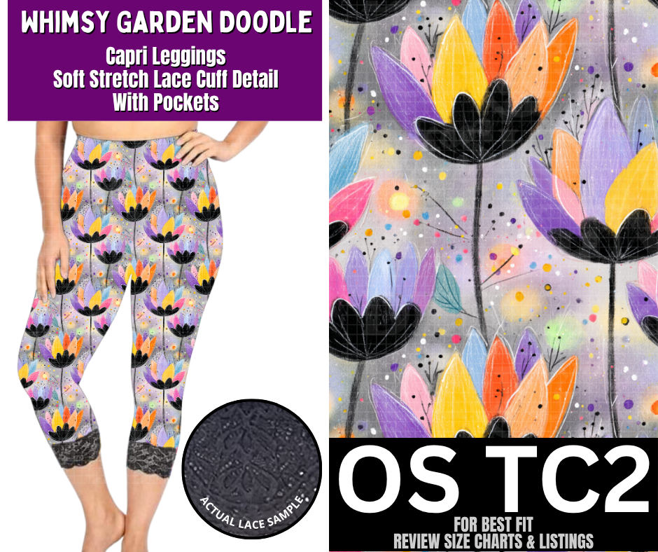 Whimsy Garden Doodle Lace Cuff Capris w/ Pockets