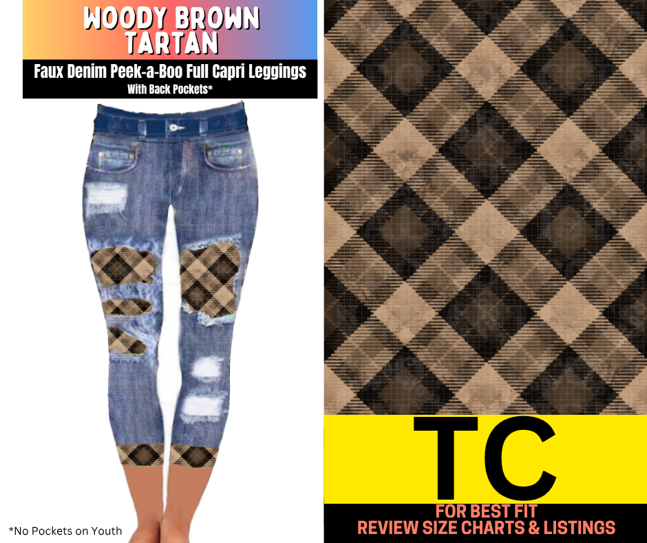 Woody Brown Tartan Capri Faux Denim Peekaboo