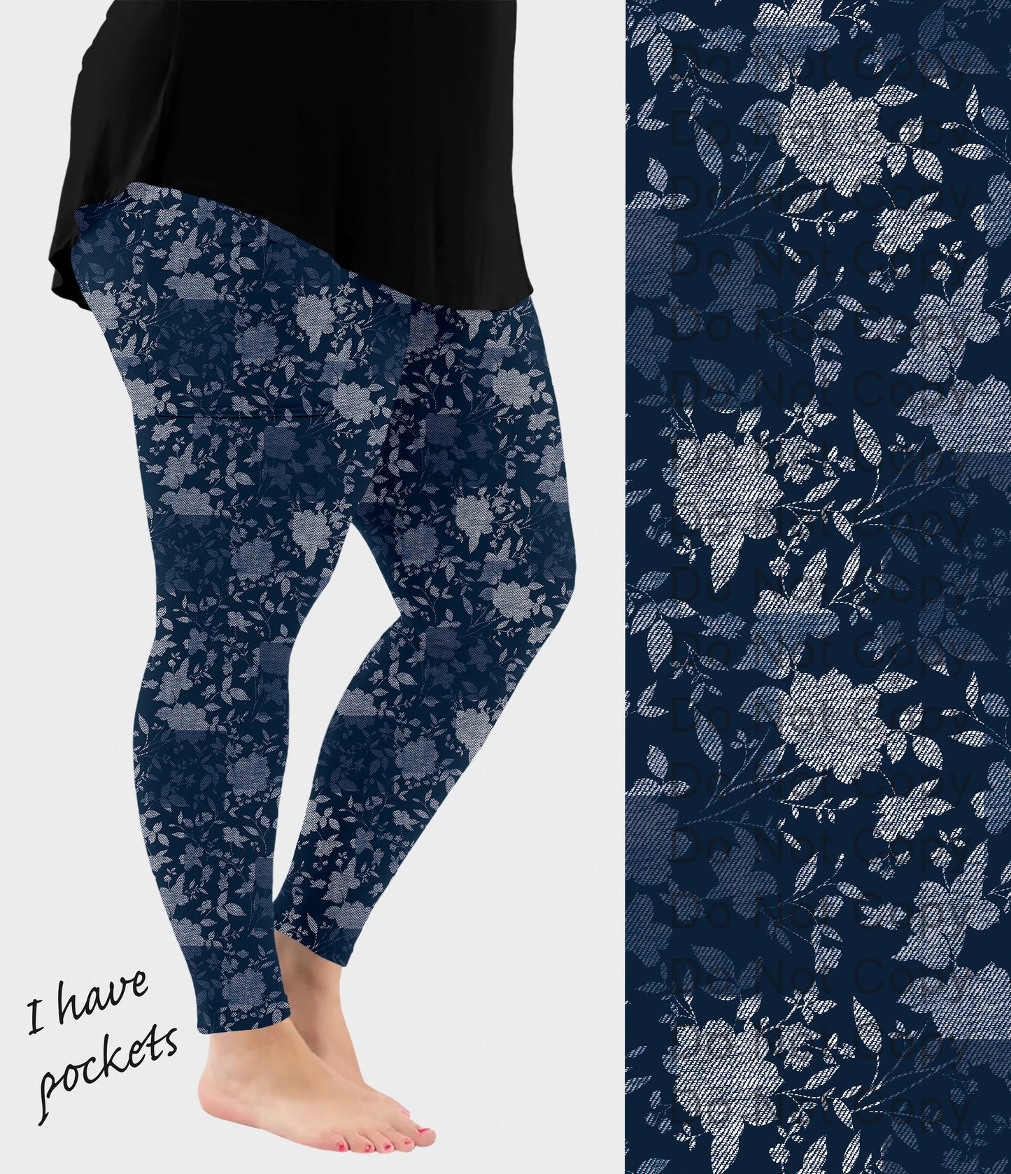 RTS - Indigo Blossom Faux Denim Leggings w/ Pockets