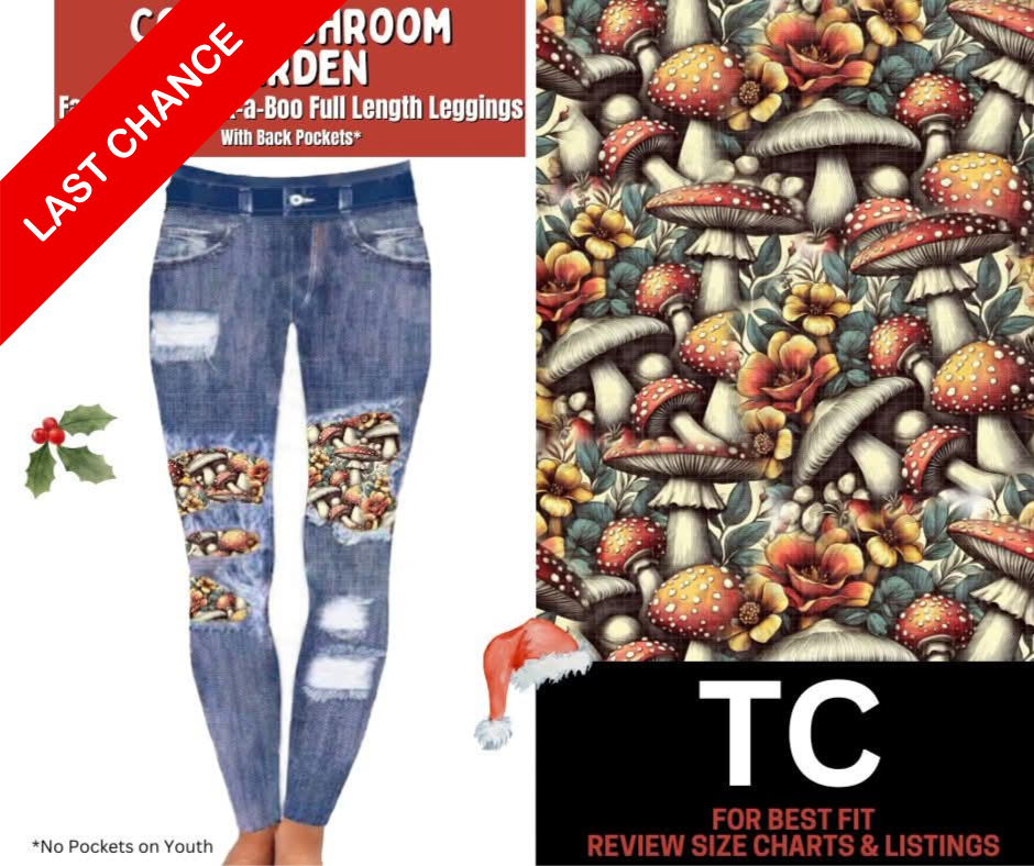 Cozy Mushroom Garden Faux Denim Full Length Peekaboo Leggings