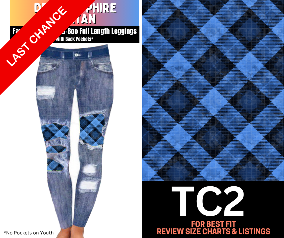 Deep Sapphire Tartan Faux Denim Full Length Peekaboo Leggings