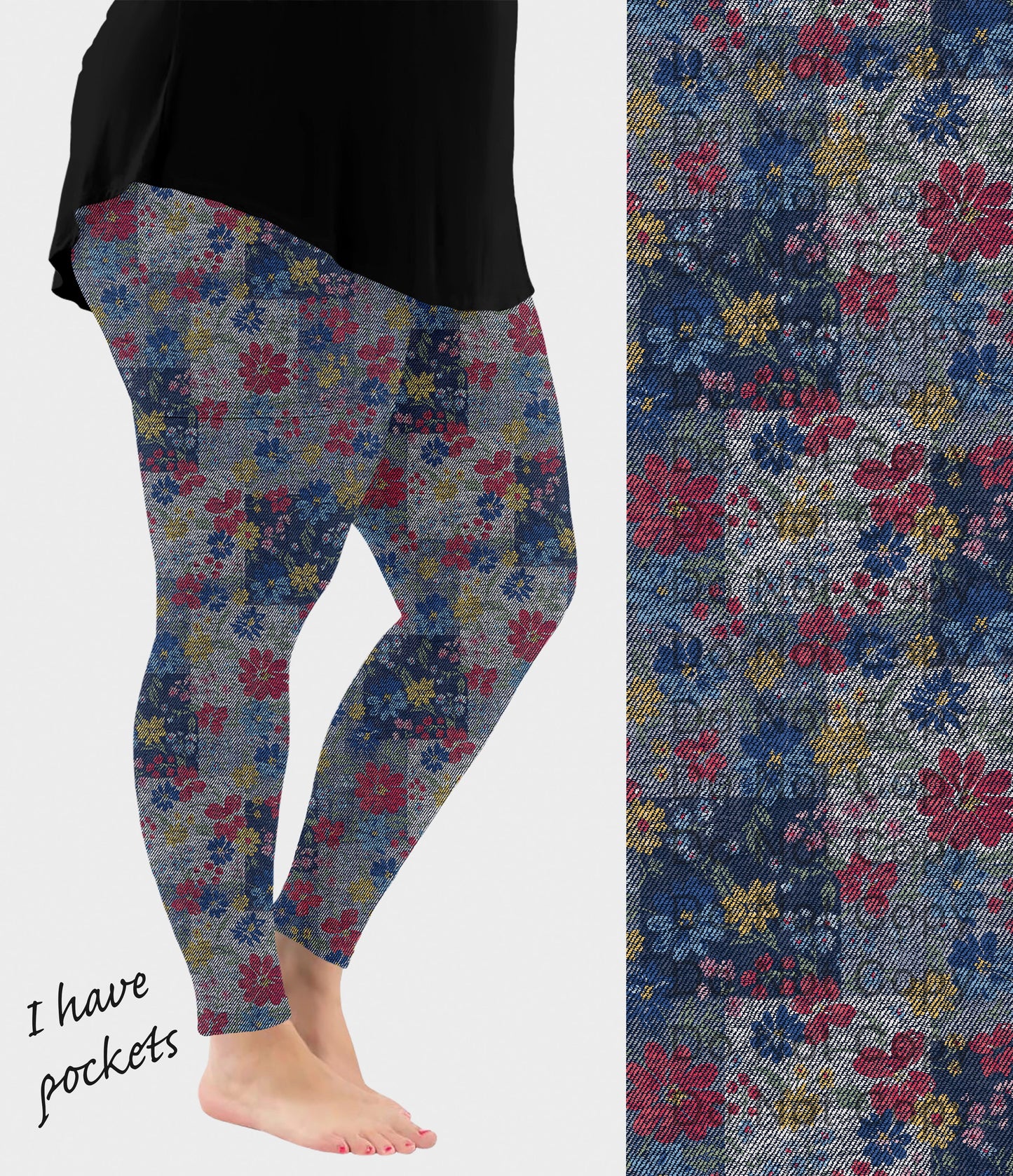 RTS - Wildflower Faux Denim Leggings w/ Pockets