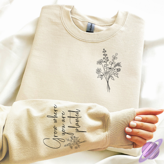 GROW WHERE SWEATSHIRT W/ SLEEVE PRINT