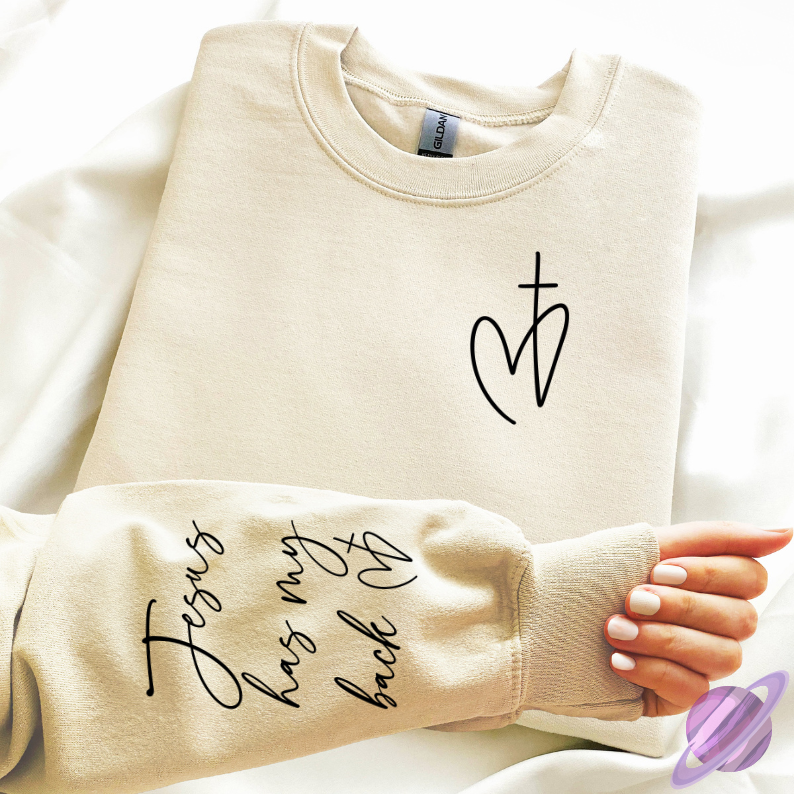 JESUS HAS MY BACK SWEATSHIRT W/ SLEEVE PRINT