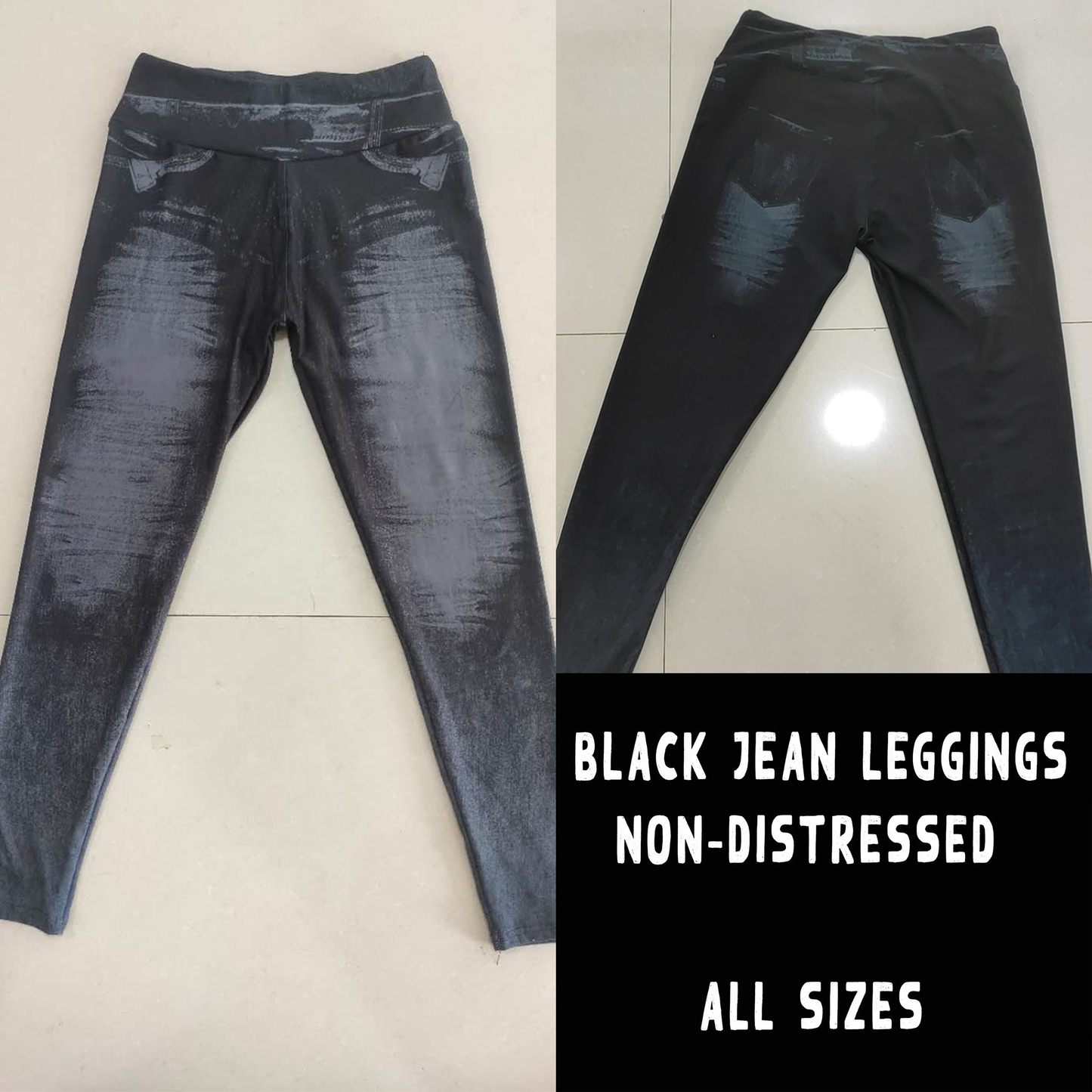 NON DISTRESSED BLUE AND BLACK - DENIM RUN W/ BACK POCKETS - LEGGINGS/CAPRI