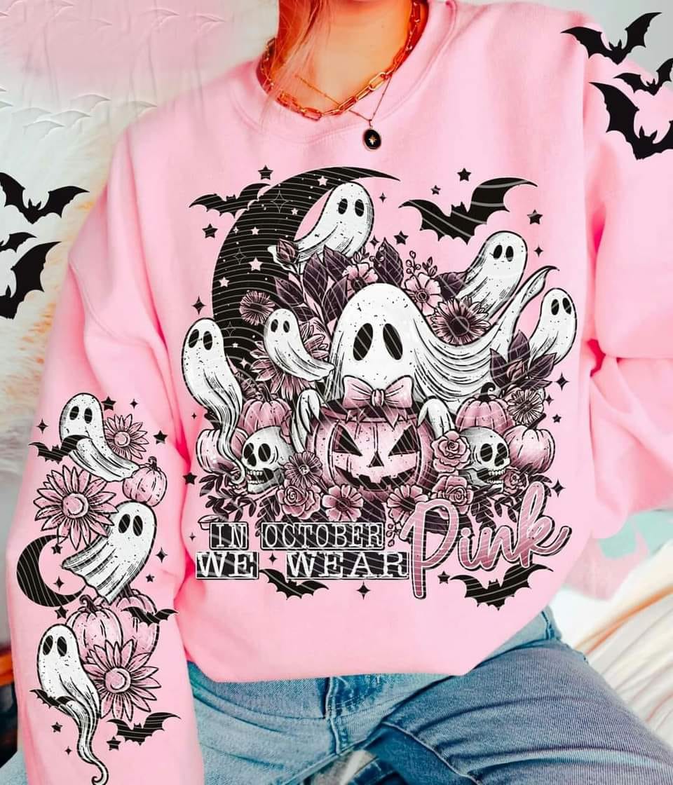 SPOOKY BREAST CANCER AWARENESS- CREWNECK SWEATSHIRT  W/ SLEEVE PRINT