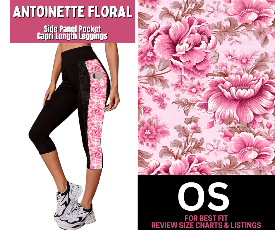 Antoinette Floral Side Panel Pocket Capri Length Leggings