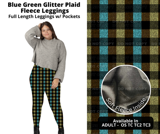 Blue Green Glitter Plaid Fleece Leggings