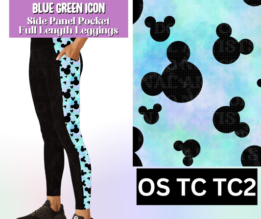 Blue Green Icon Side Panel Pocket Full Length Leggings