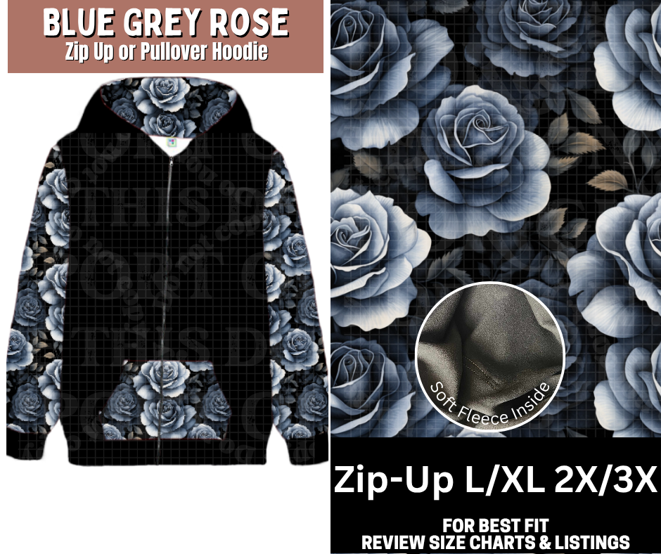 Blue Grey Rose Zip-Up Hoodie