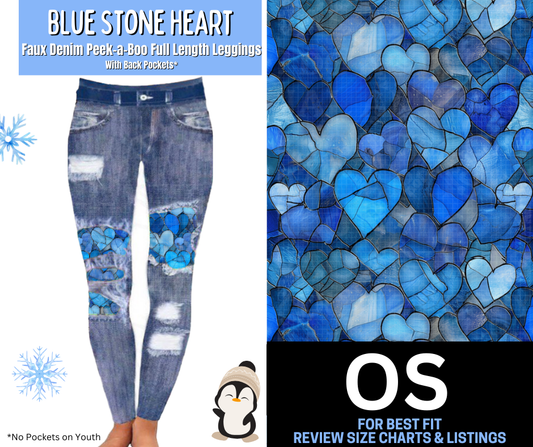Blue Stone Heart Faux Denim Full Length Peekaboo Leggings
