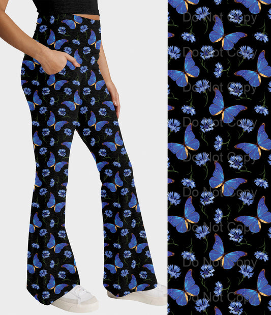 RTS - Blue Flower Butterfly Flare Leggings w/ Pockets