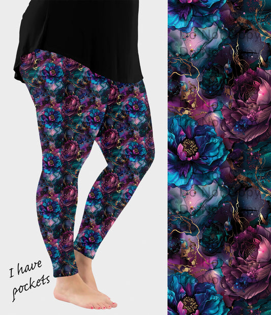 RTS - Blue and Purple Agate Floral Leggings w/ Pockets