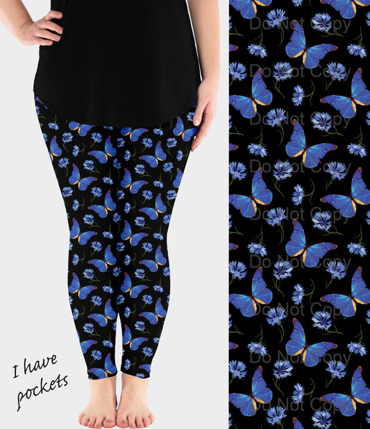 RTS - Blue Flower Butterfly Leggings w/ Pockets