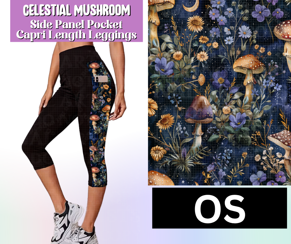 Celestial Mushroom Side Panel Pocket Capri Length Leggings