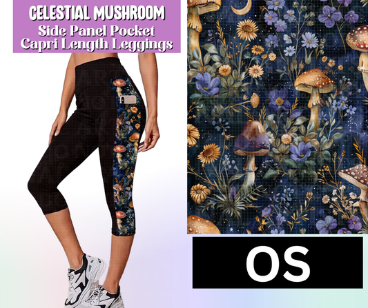 Celestial Mushroom Side Panel Pocket Capri Length Leggings
