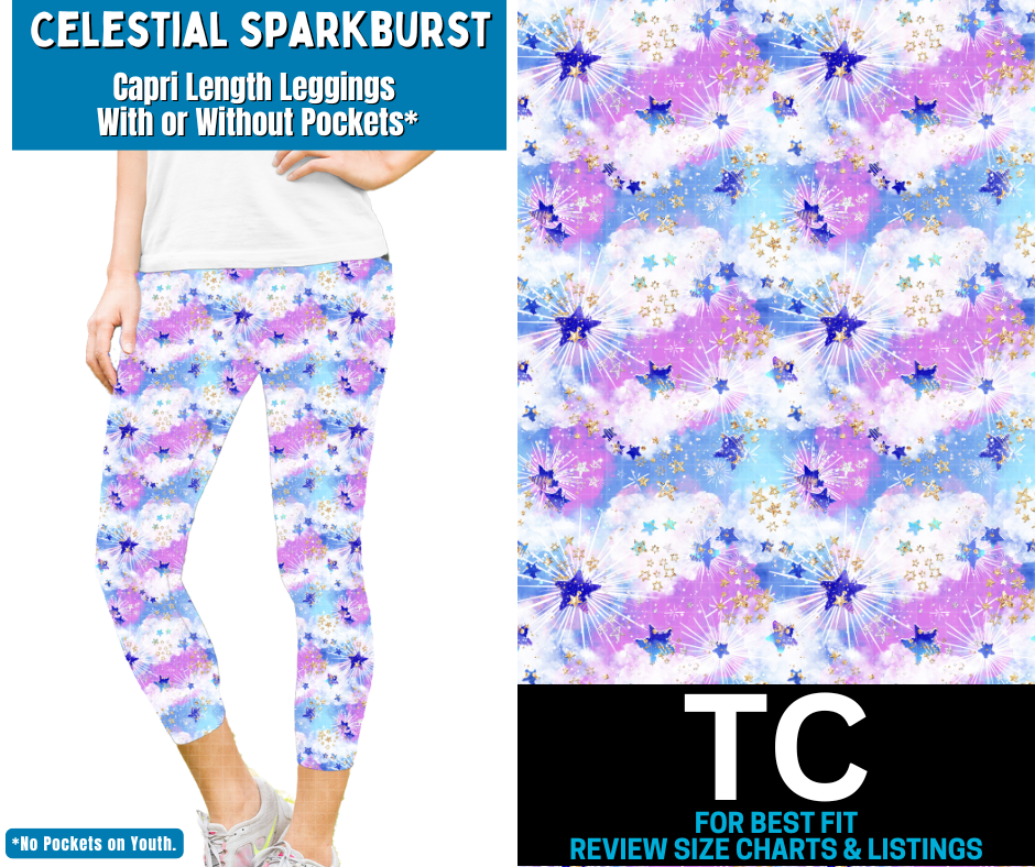 Celestial Sparkburst Capri Length Leggings w/ Pockets