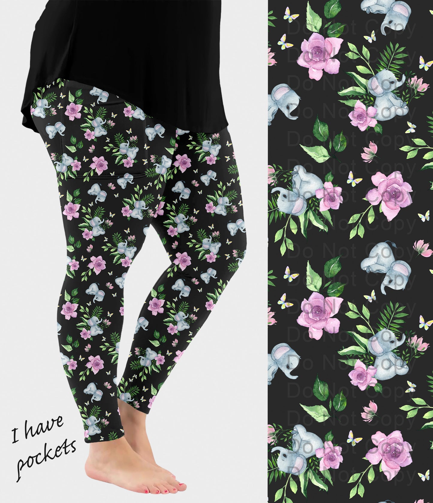 RTS - Cute Floral Elephant Leggings with Pockets