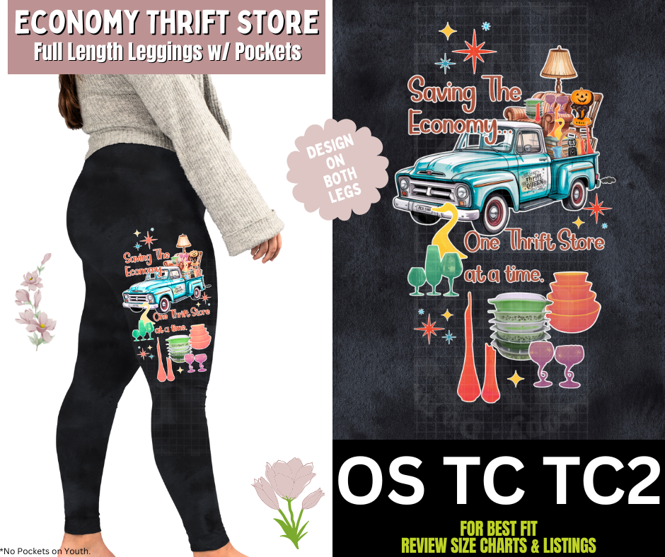 Economy Thrift Store Watercolor Full Length Leggings w/ Side Leg Designs