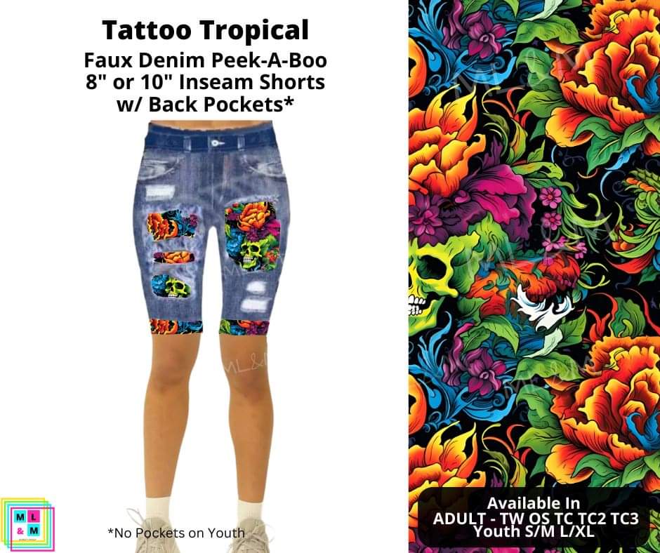 Tattoo Tropical Faux Denim Shorts w/ Pockets