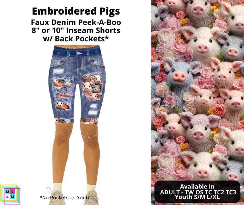 Embroidered Pigs Faux Denim Shorts w/ Pockets