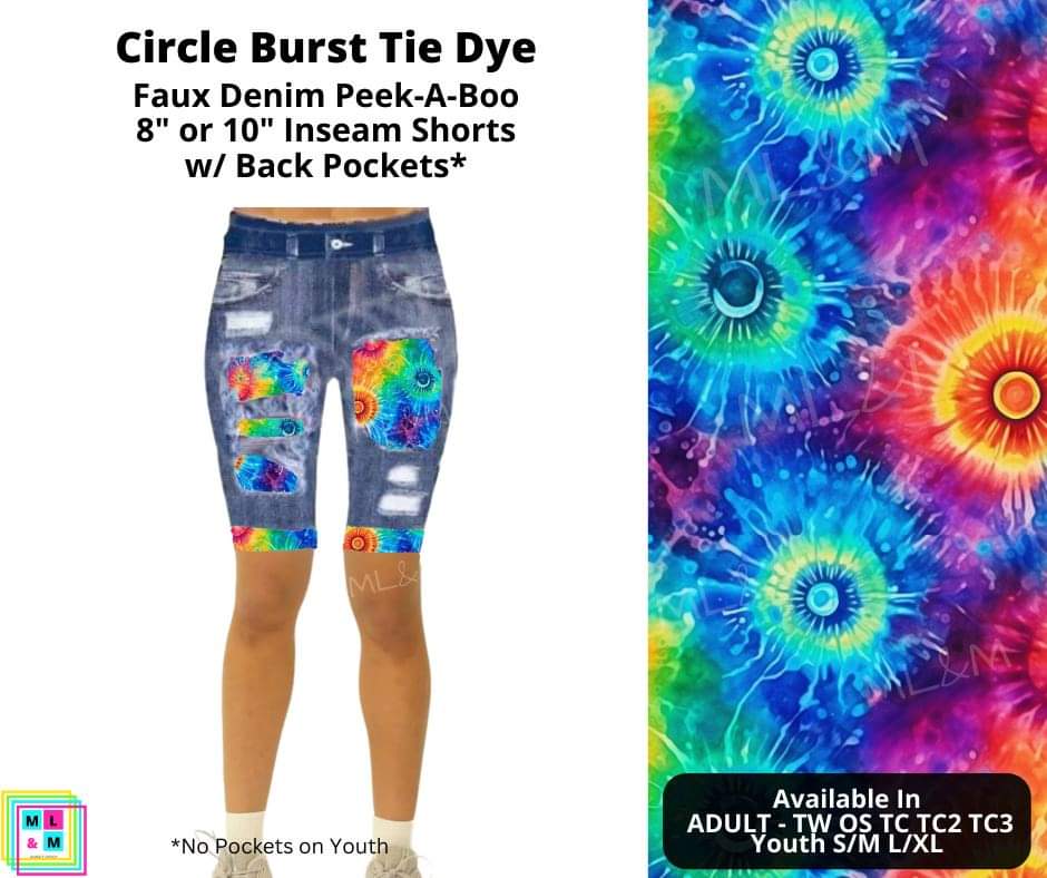 Circle Burst Tie Dye Faux Denim Shorts w/ Pockets