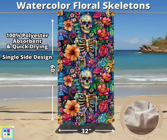 Watercolor Floral Skeletons Towel