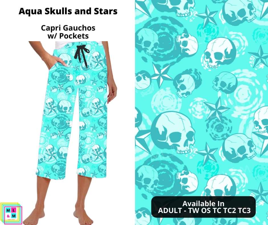 Aqua Skulls and Stars Capri Gauchos