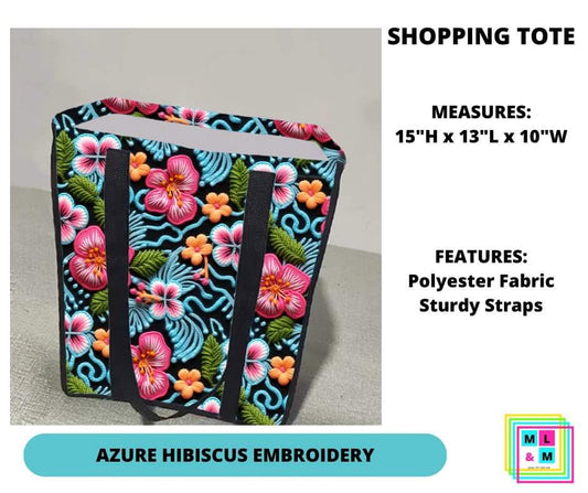 Azure Hibiscus Embroidery Shopping Tote