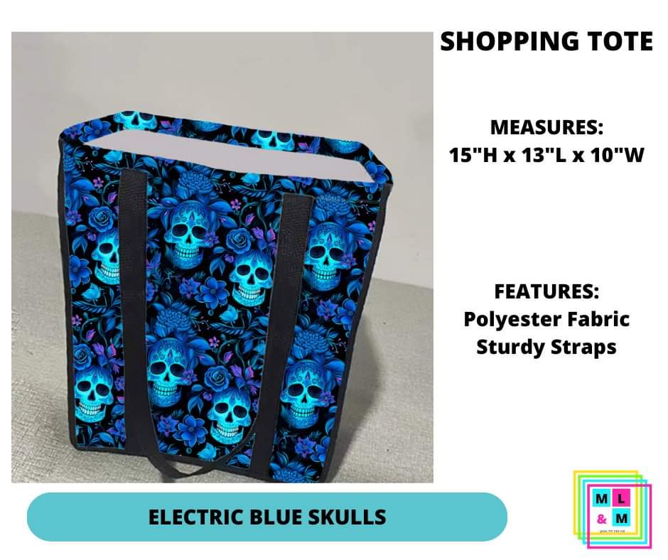 Electric Blue Skulls Shopping Tote