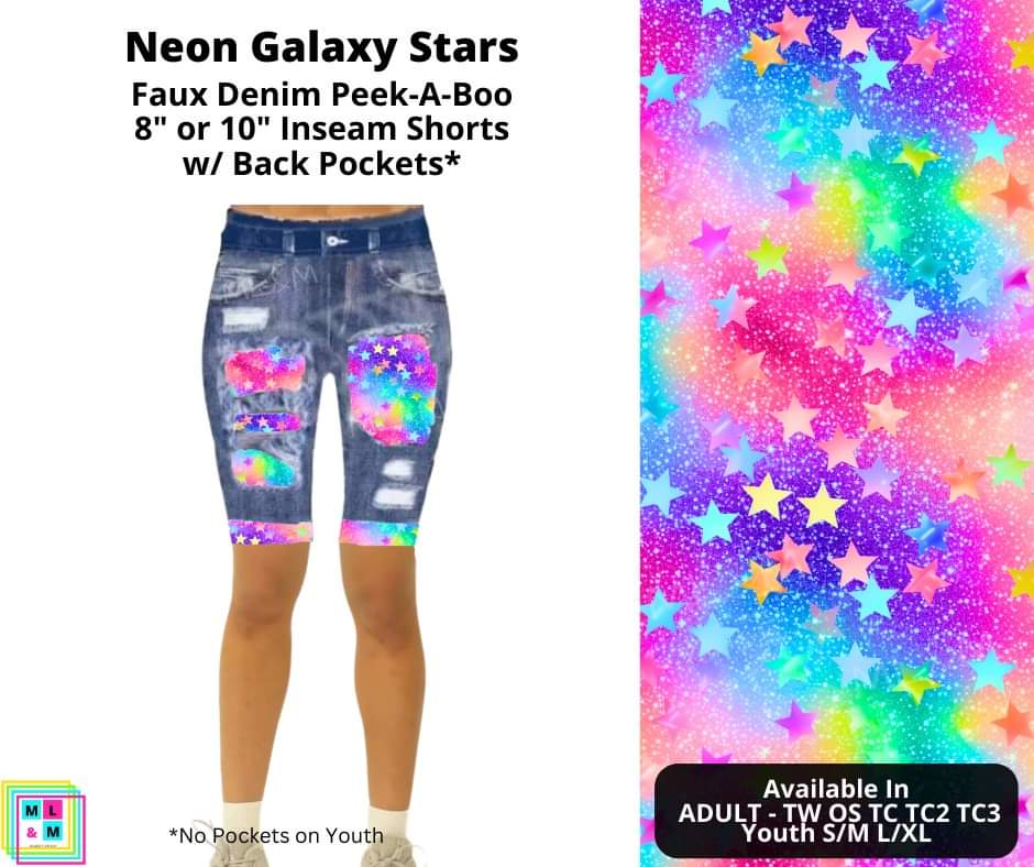 Neon Galaxy Stars Faux Denim Shorts w/ Back Pockets