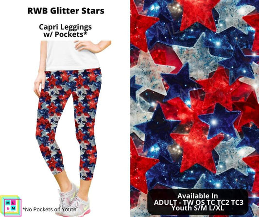 RWB Glitter Stars Capri Length Leggings w/ Pockets