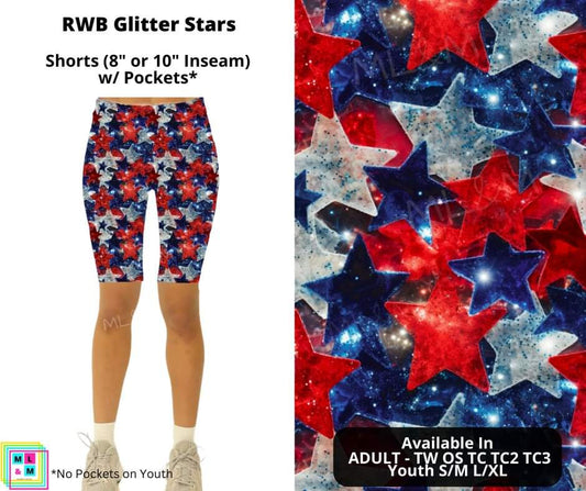 RWB Glitter Stars 8" or 10" Inseam Shorts