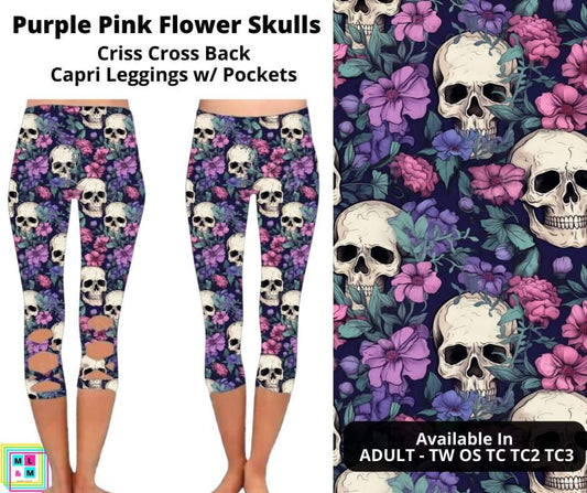 Purple Pink Flower Skulls Criss Cross Capri w/ Pockets