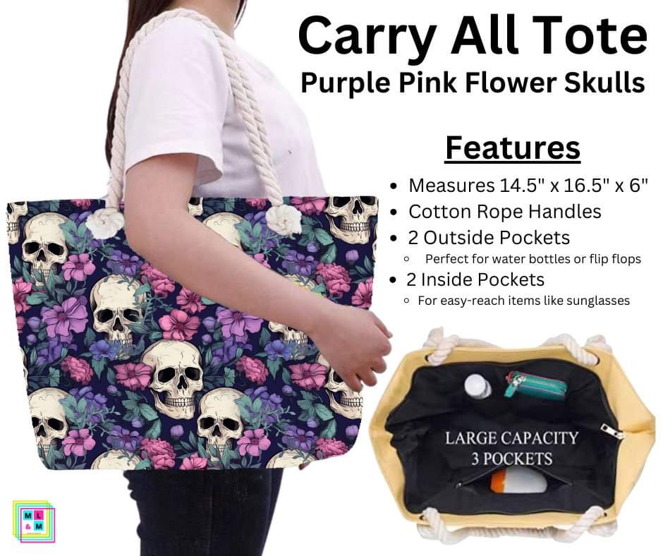 Purple Pink Flower Skulls Carry All Tote w/ Zipper