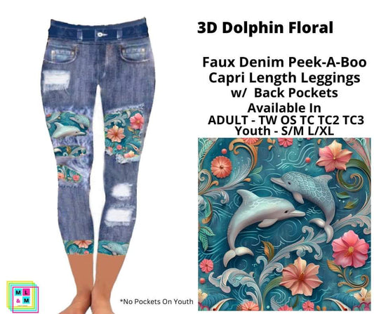3D Dolphin Floral Faux Denim Peekaboo Capris