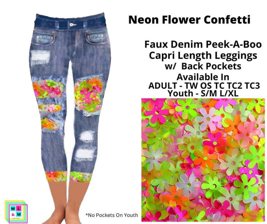 Neon Flower Confetti Faux Denim Peekaboo Capris