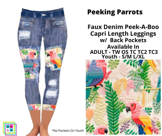 Peeking Parrots Faux Denim Peekaboo Capris