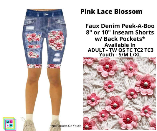 Pink Lace Blossom 10" Inseam Faux Denim Shorts